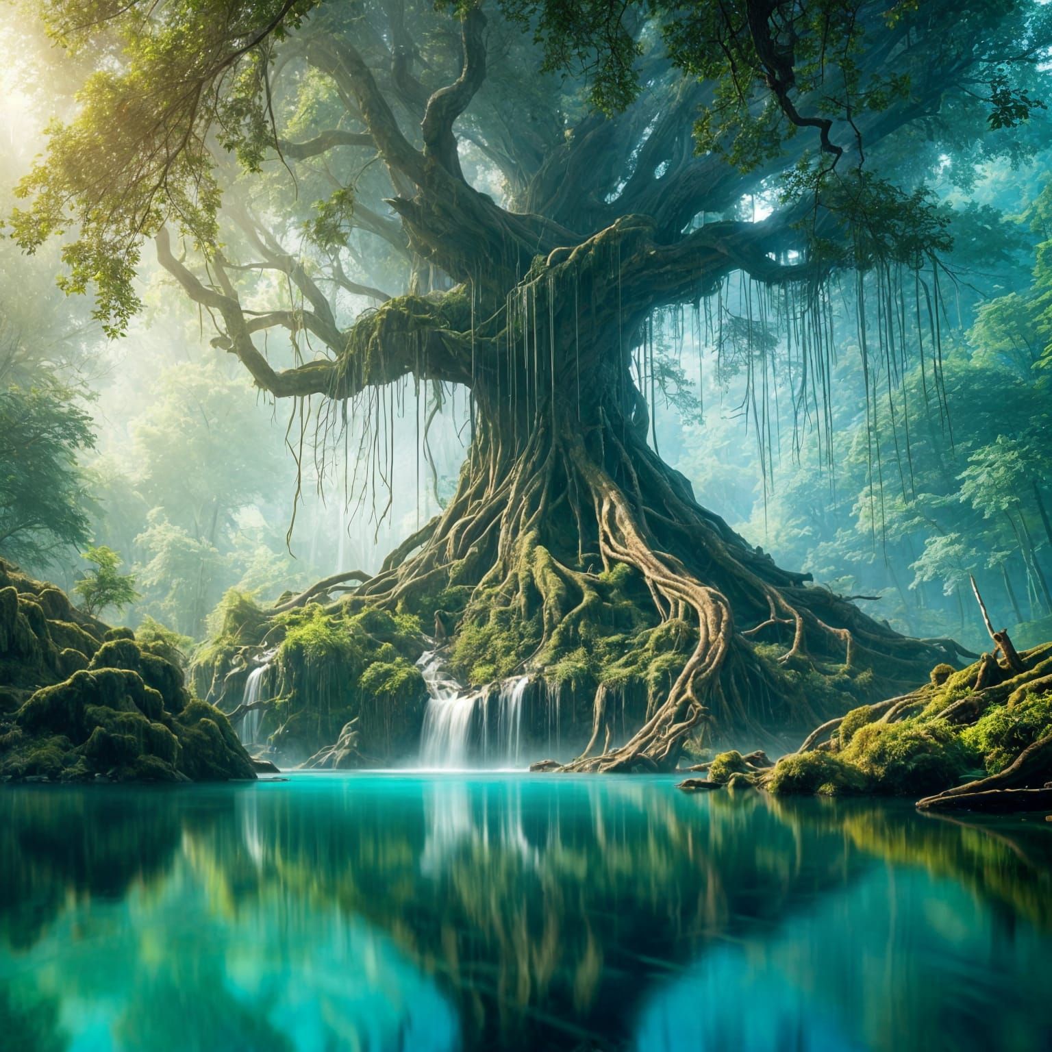 Waterfall Cascading into Crystal Lake Surrounded by Trees