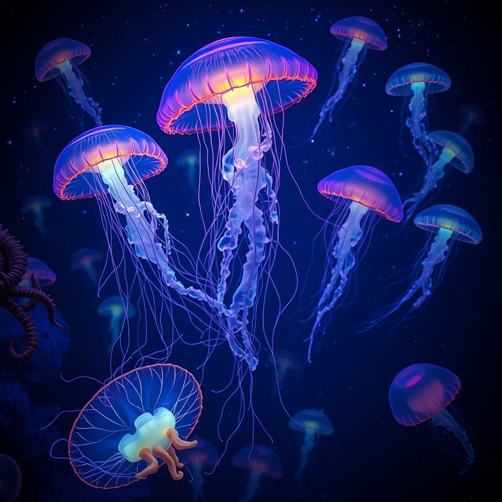 Ethereal Bioluminescent Jellyfish in Alien Abyss
