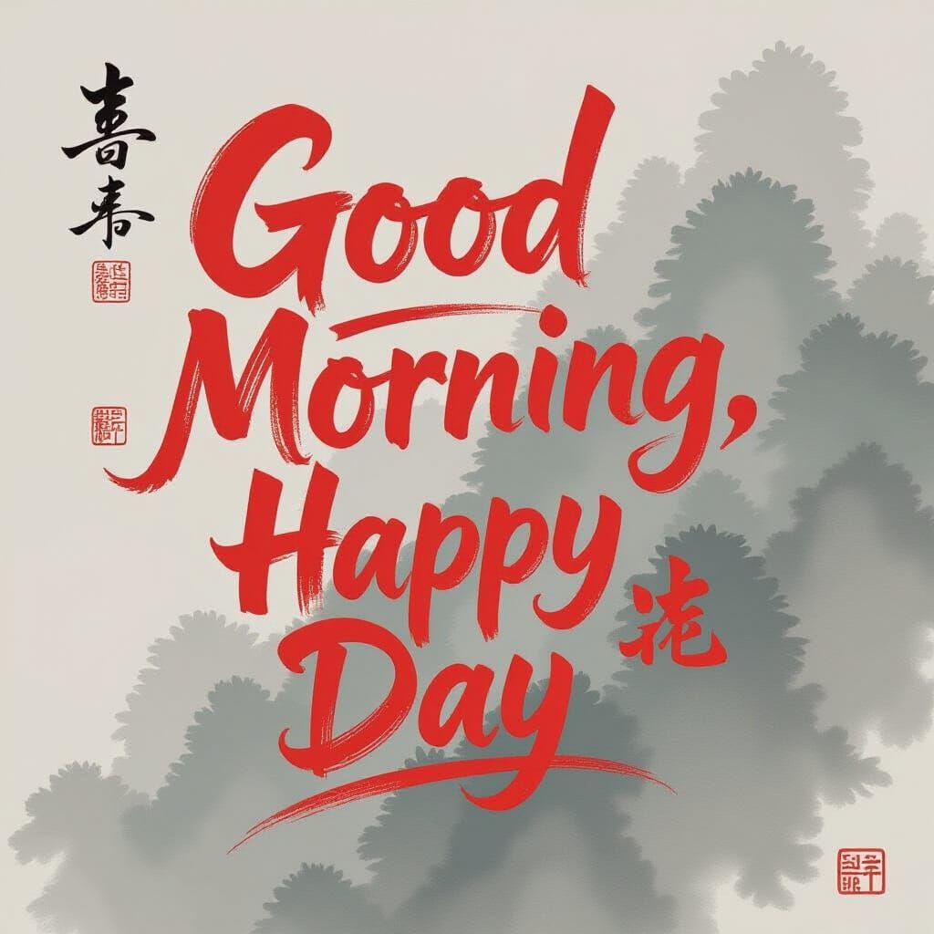 Abstract Chinese Calligraphy: Good Morning, Happy Day