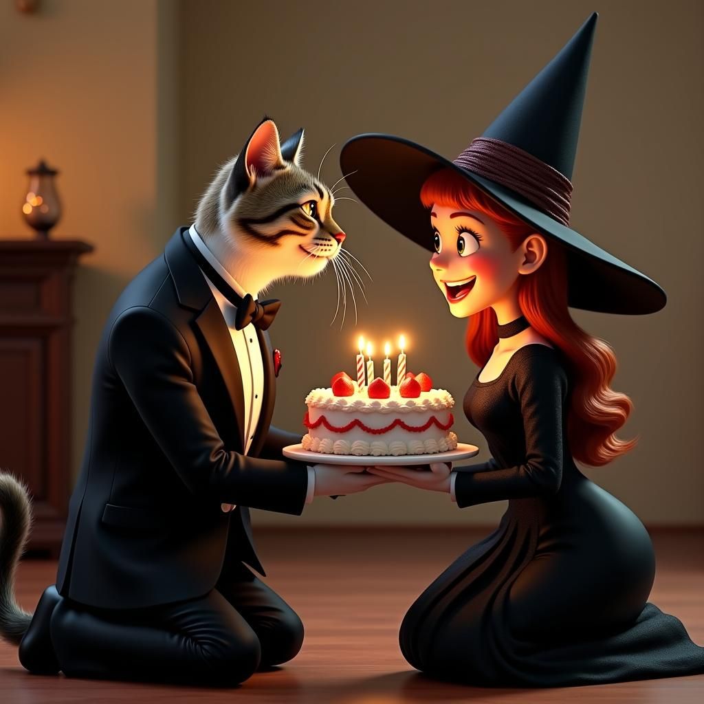 Tuxedo Cat Presents Cake to Witch: Pixar Style