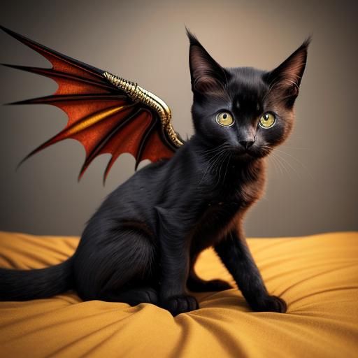 Black Winged Kitten Perched on a Bed