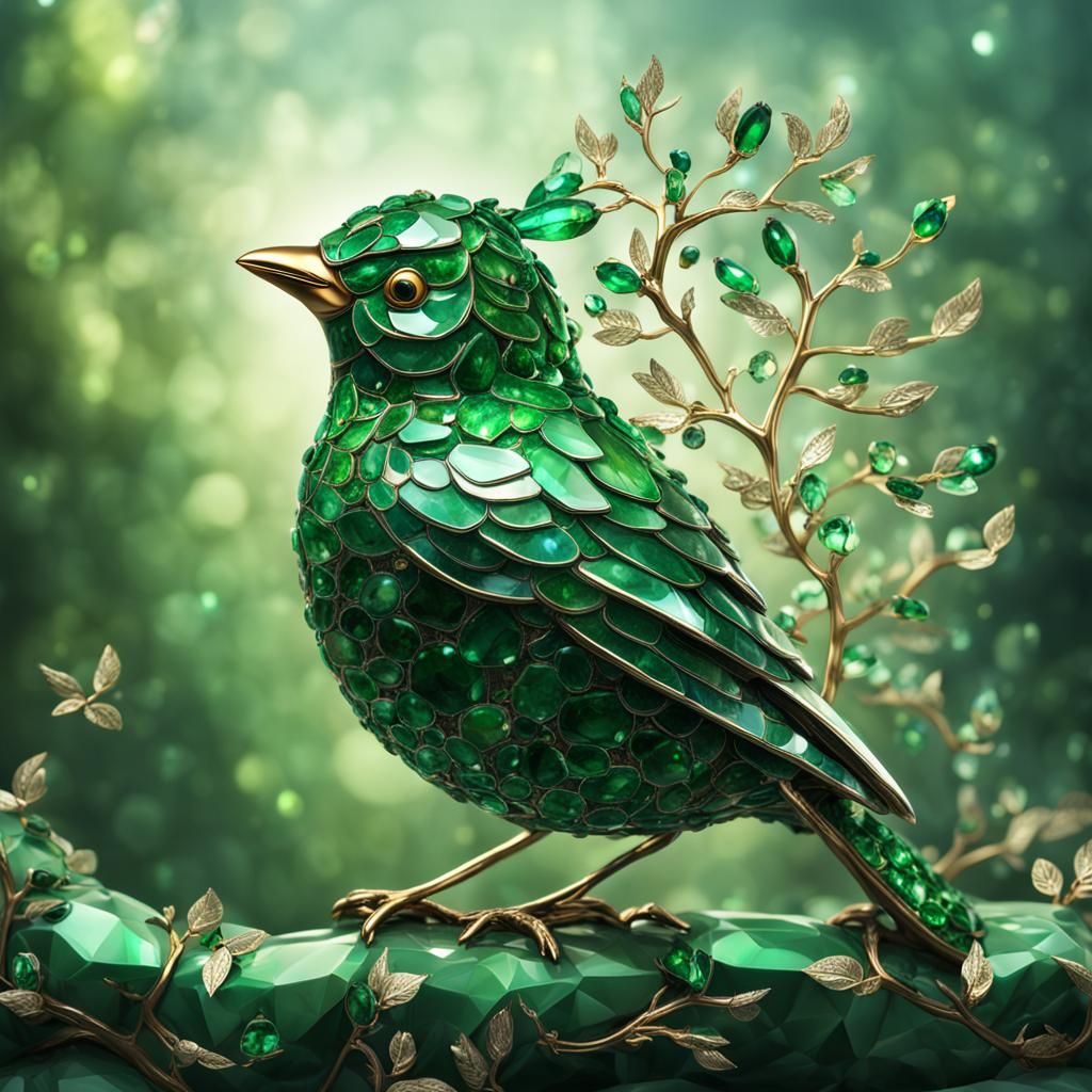 Emerald Gemstone Bird: Hyperrealistic Digital Art