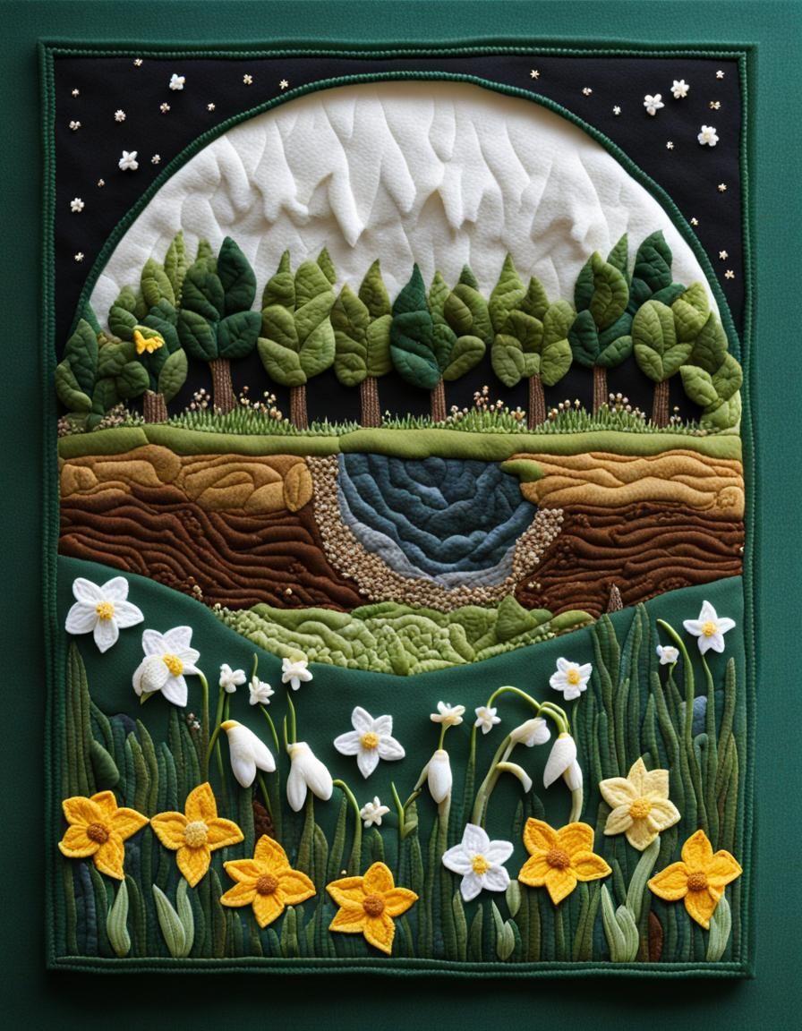 Cross-Section of Earth with Spring Flowers as Applique