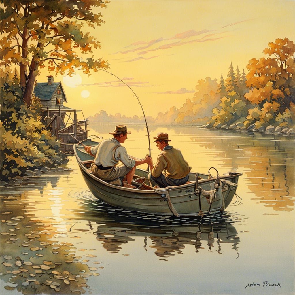 Fishermen in Boat at Golden Hour, Americana Art