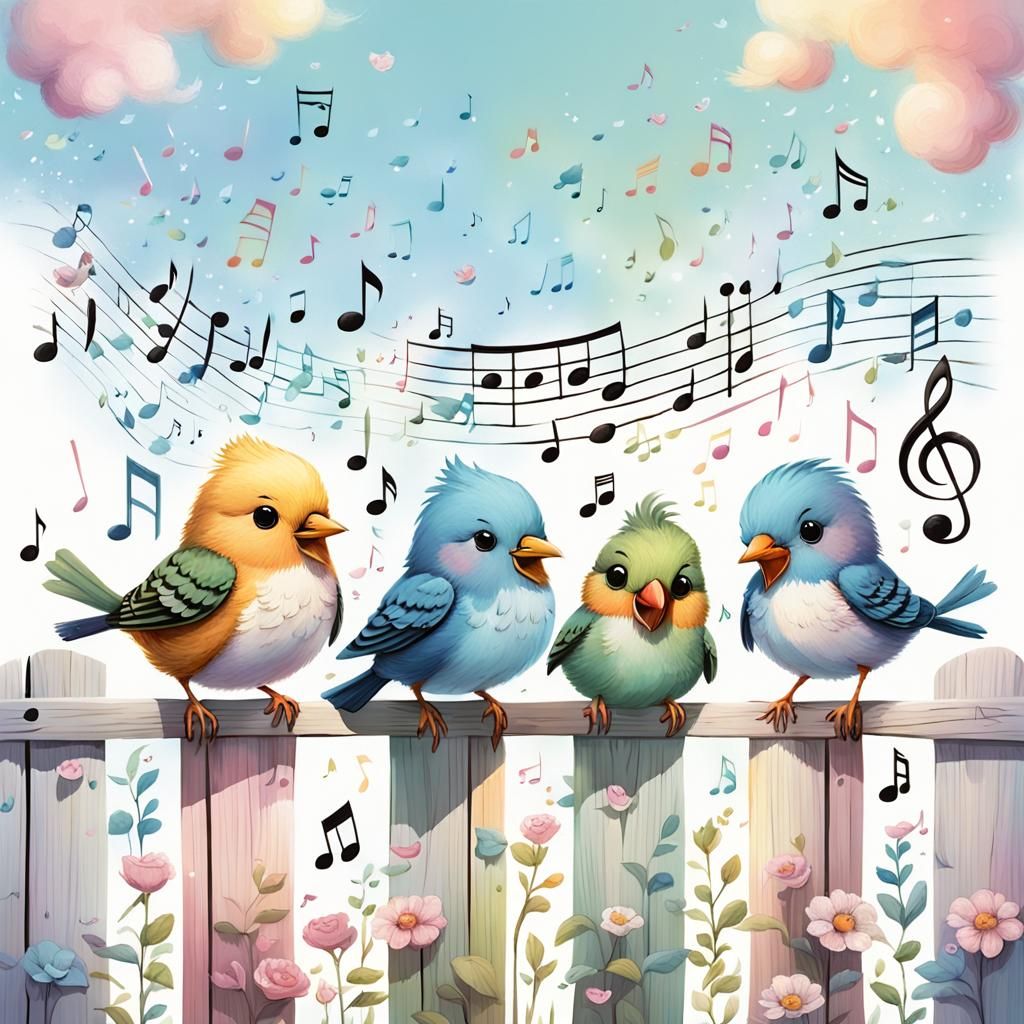 Cute Chibi Birds Singing in Pastel Colors