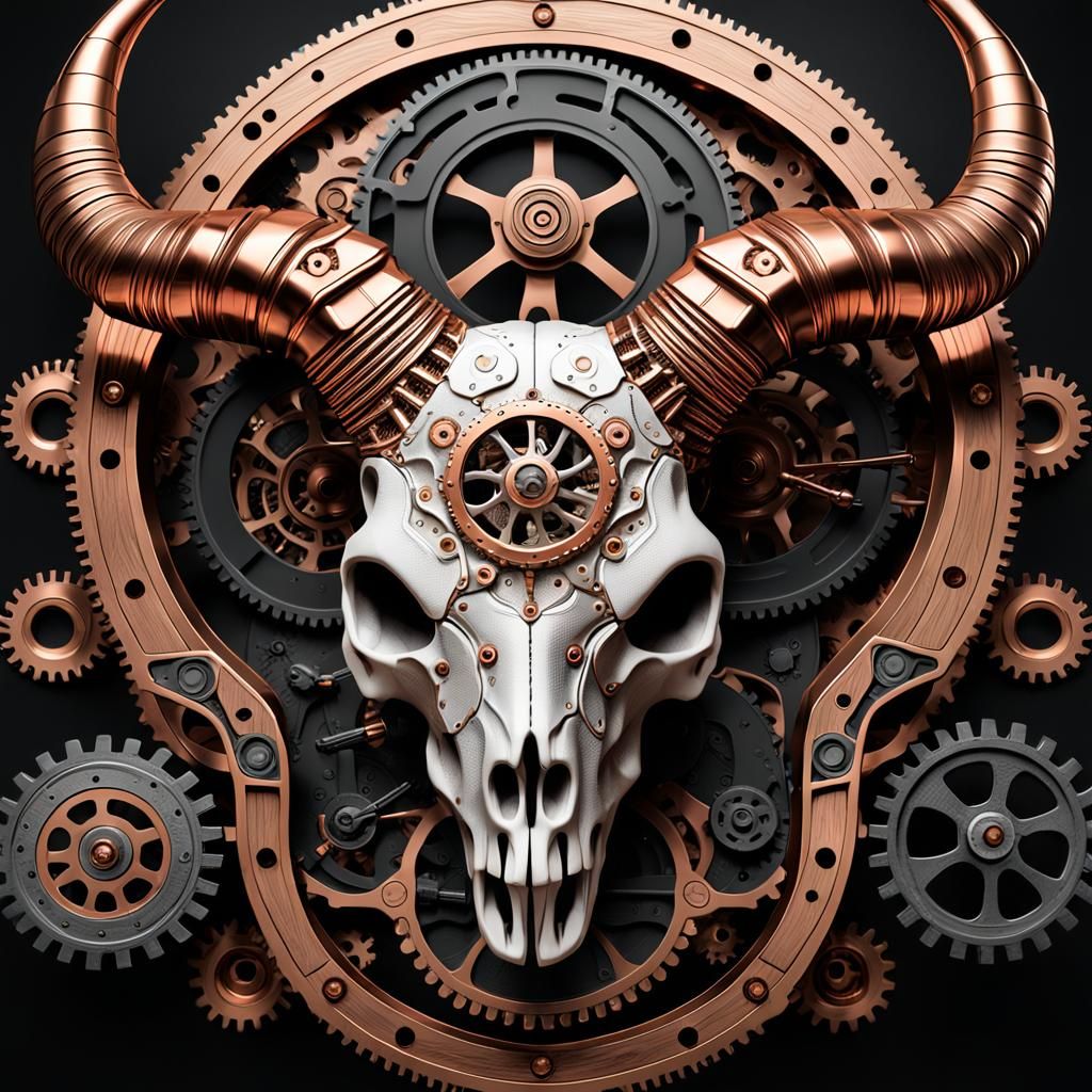 Steampunk Ram Skull 3D Rendering in Copper and Brass