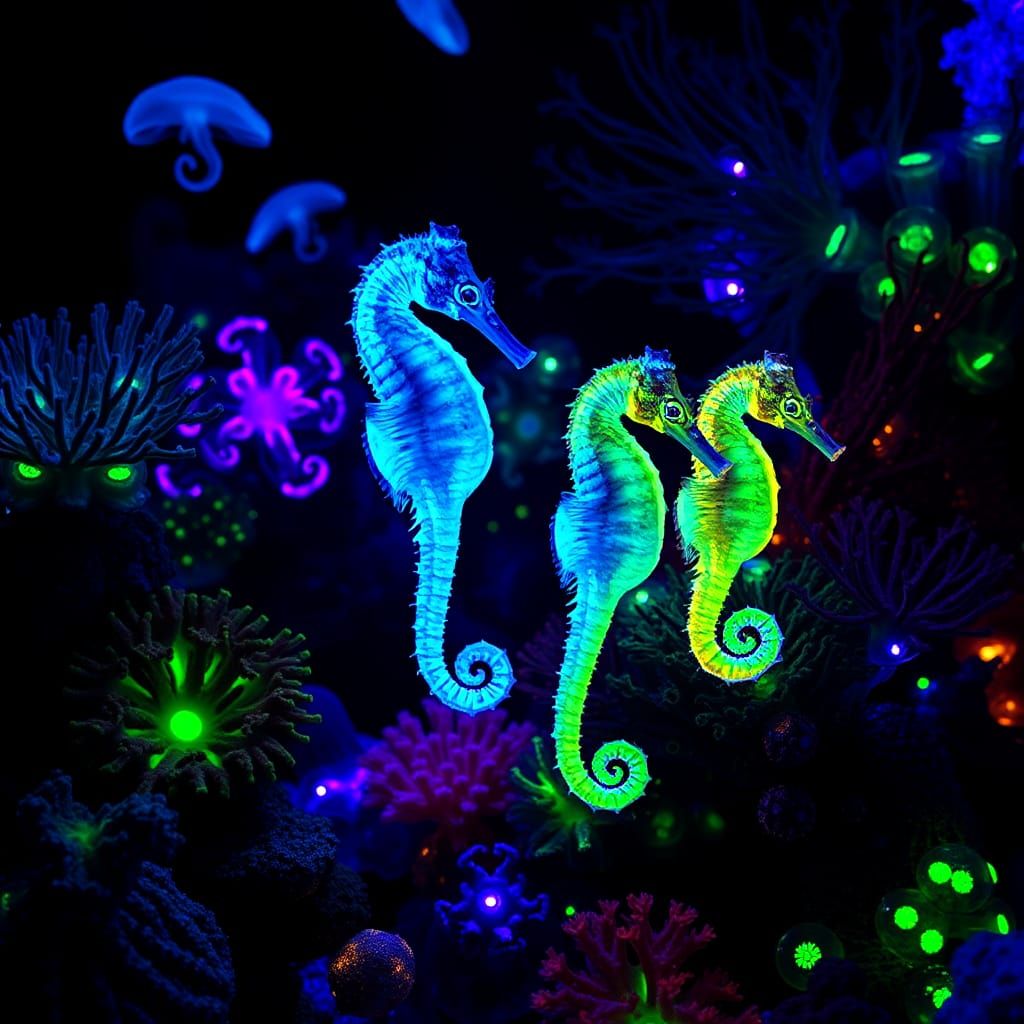 Iridescent Seahorses in Bioluminescent Reef at Night