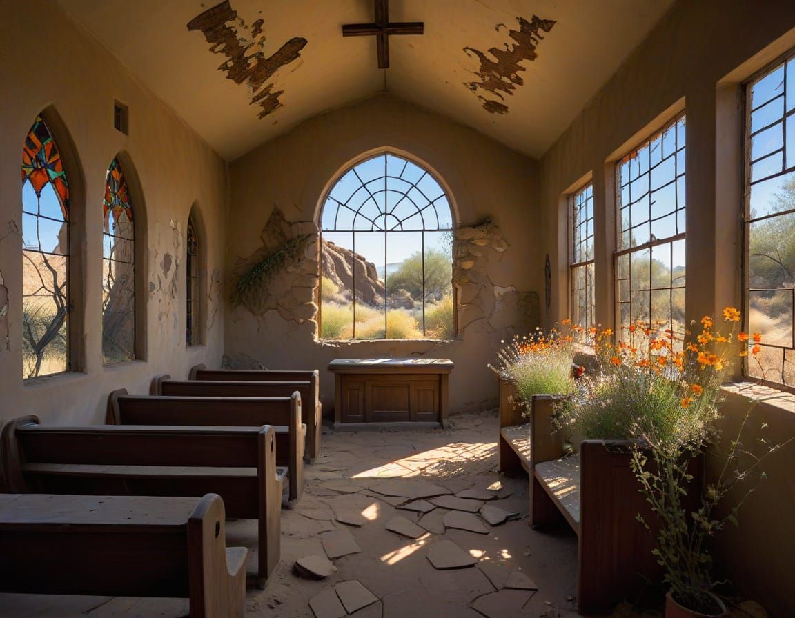 Overgrown Desert Chapel at Sunset