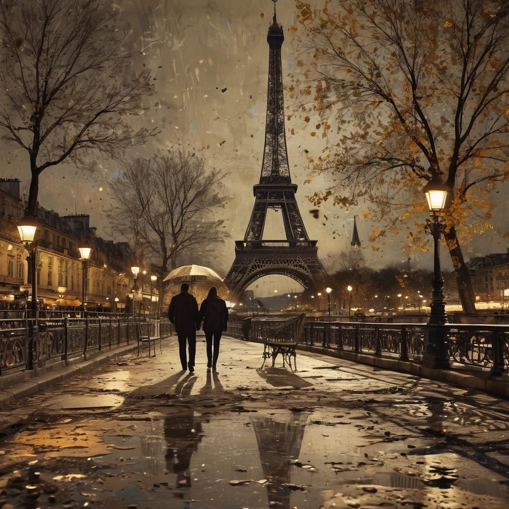 Seine River Promenade at Night: Surreal Ink Art