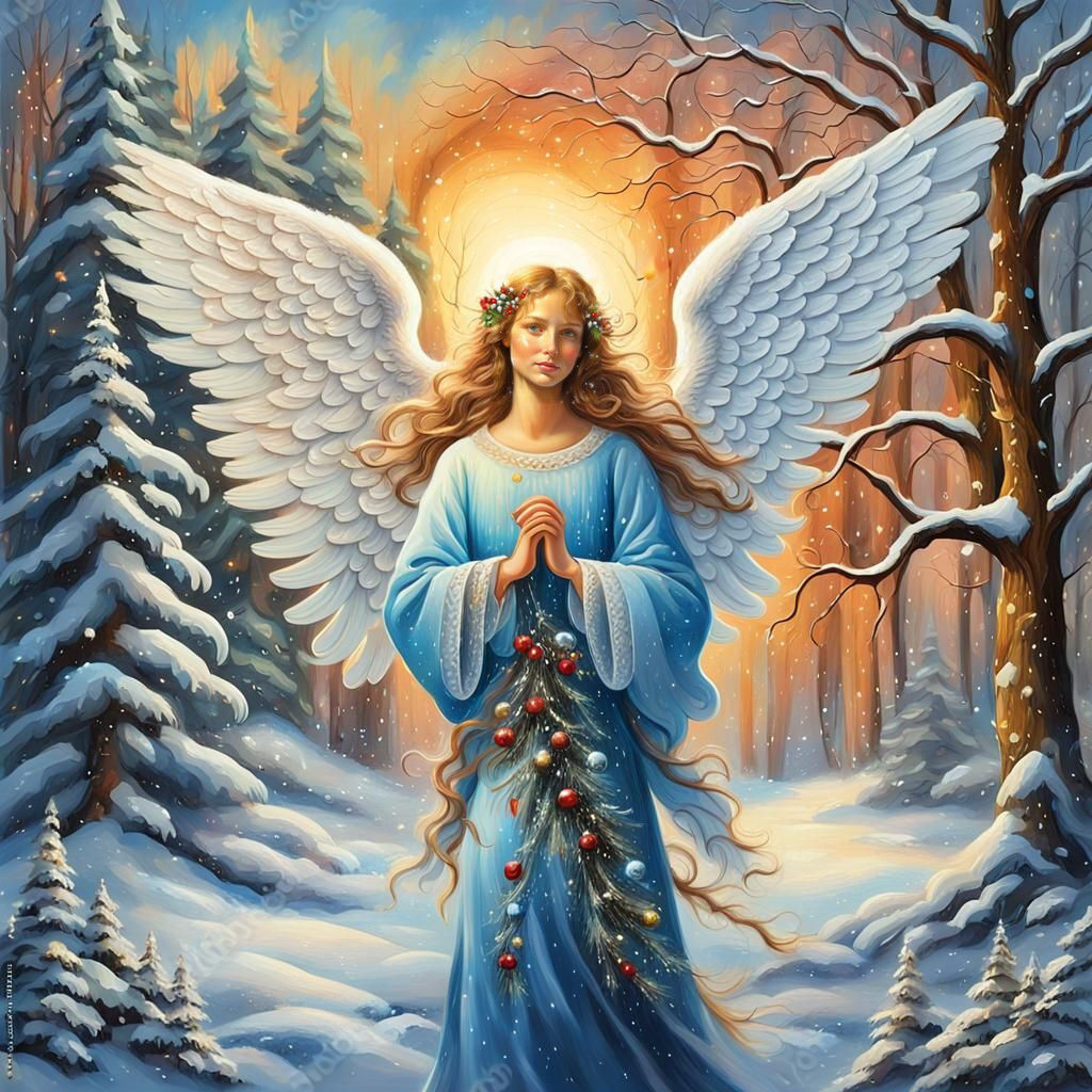 Majestic Christmas Angel in Whimsical Winter Wonderland