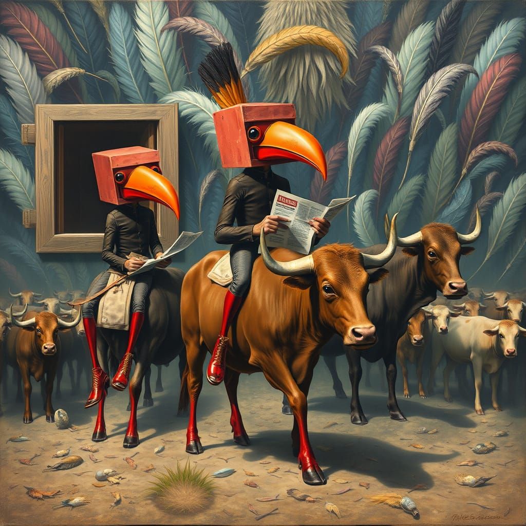 Surreal Painting of Masked Bird Creatures on Bullback