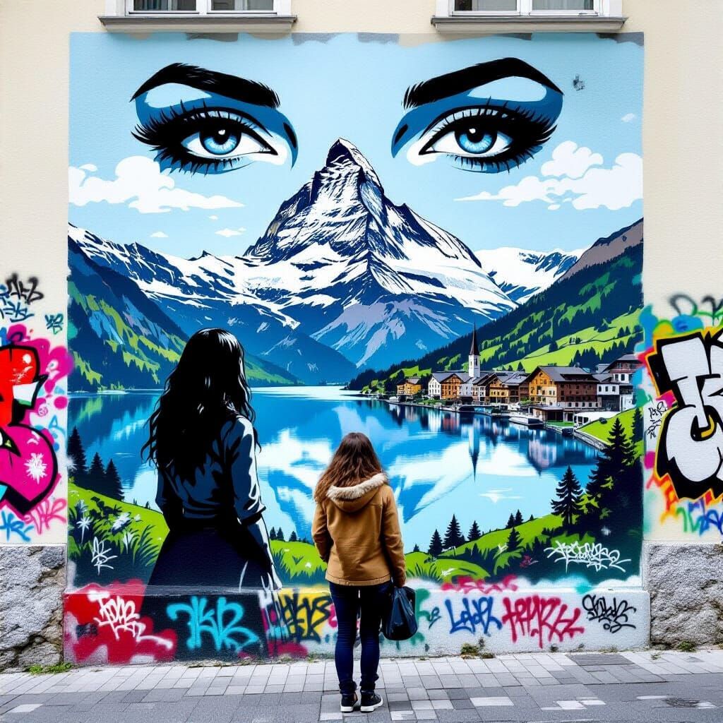 Mysterious Woman in Swiss Alps Street Art Mural