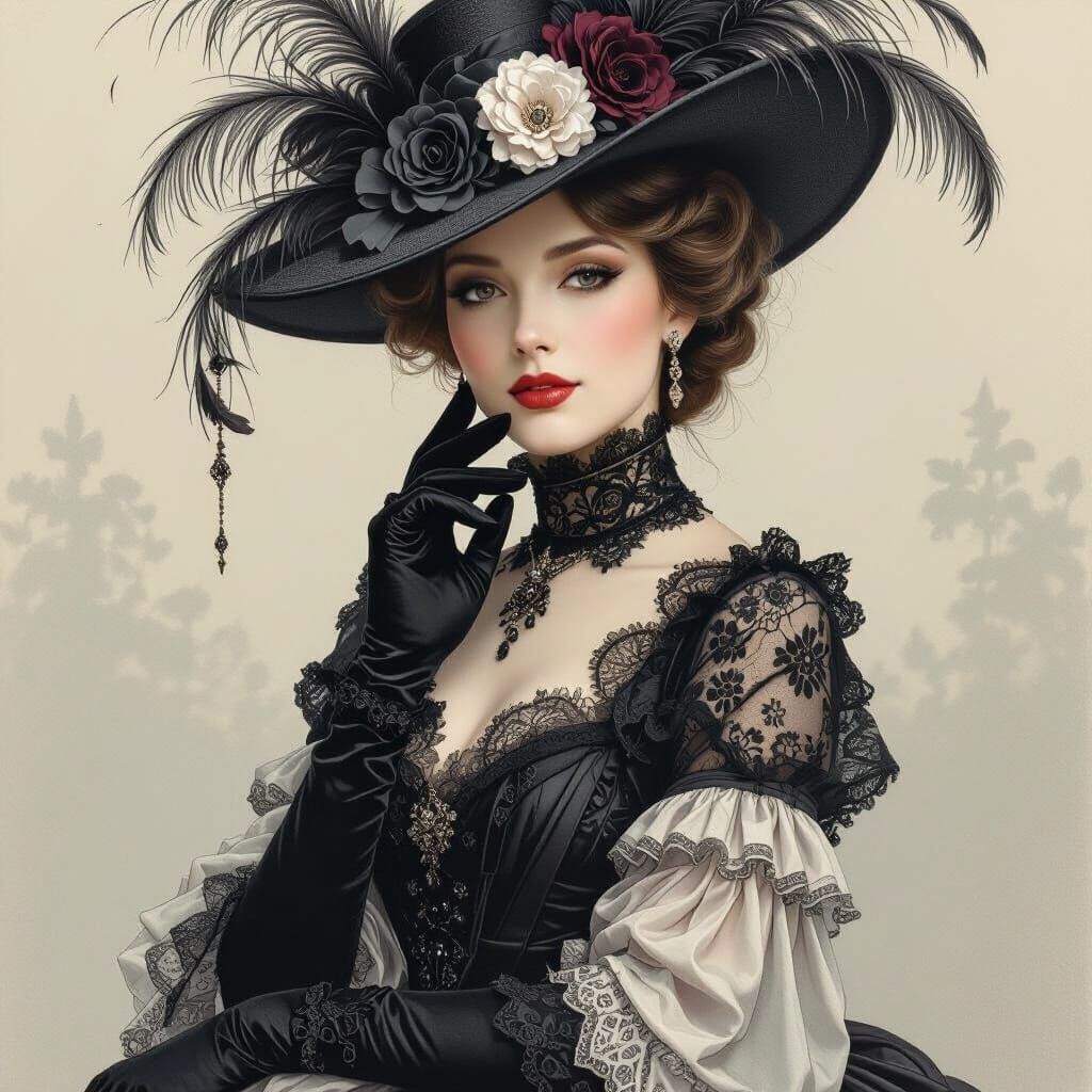 Victorian Lady in Ornate Hat: Alphonse Mucha Style