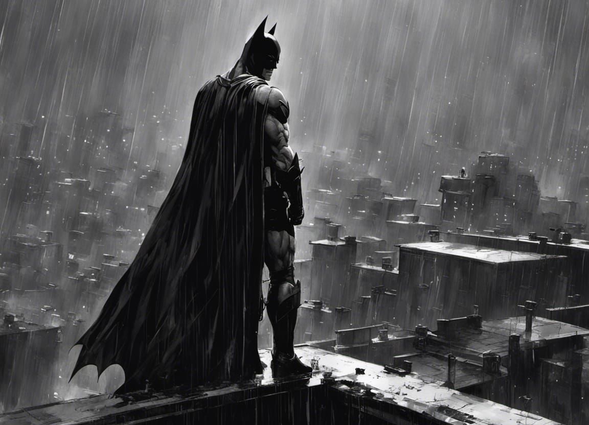 Batman in the rain on a rooftop