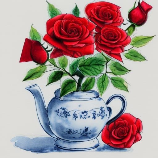 Red Roses Bloom from Delftware Teapot: Watercolor Art