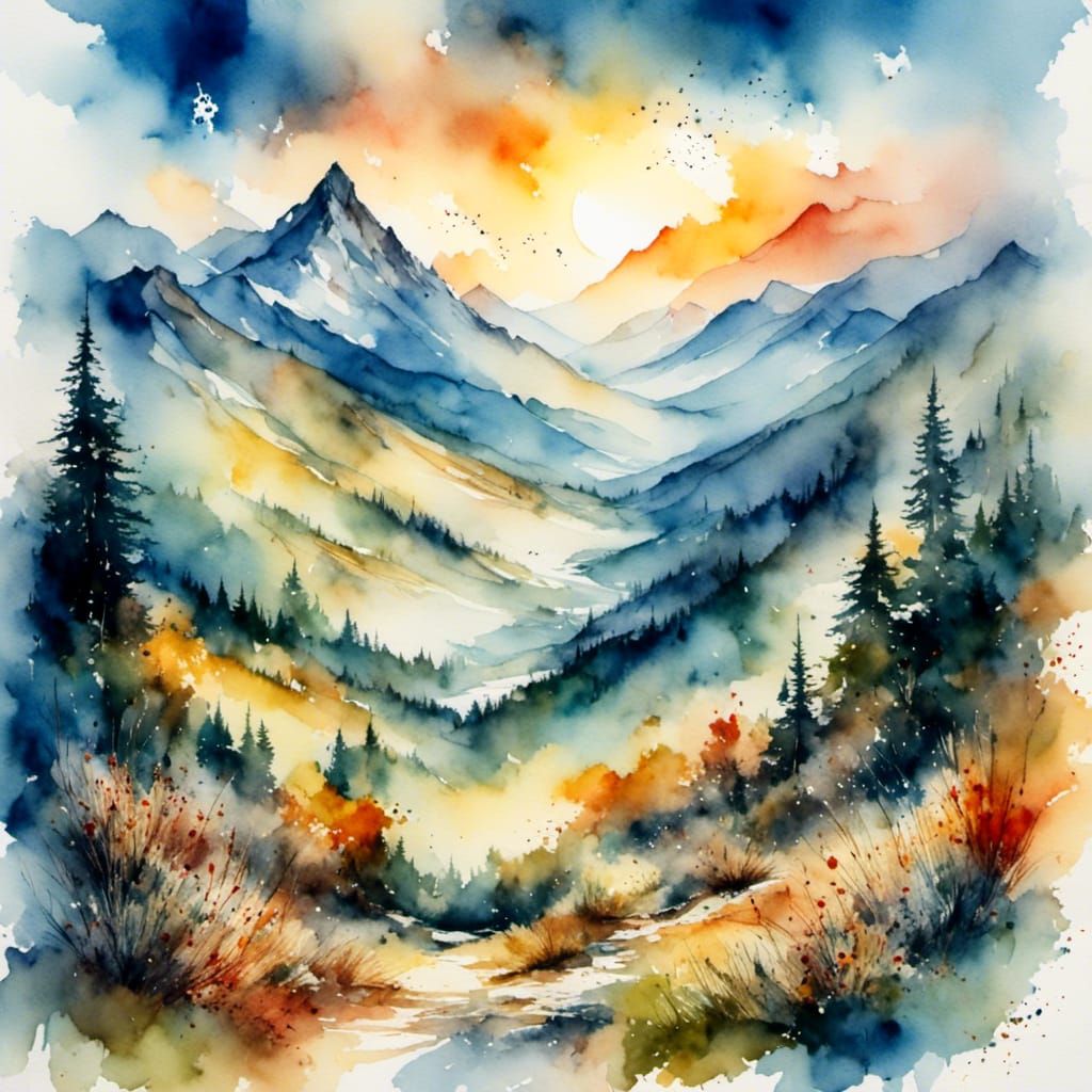 Misty Mountain Valley Sunrise Watercolor