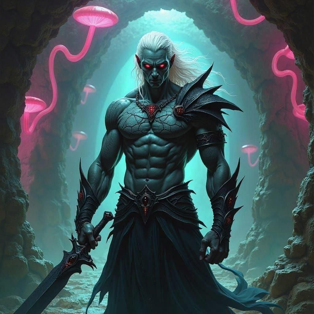 Drow Barbarian in Dark Gothic Cavern