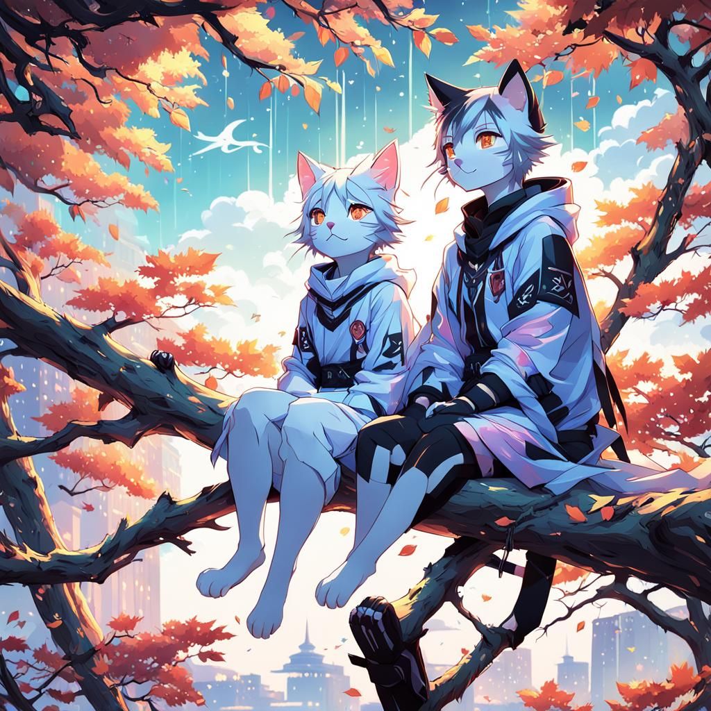 Pastel Anime Cat Figures on Branch