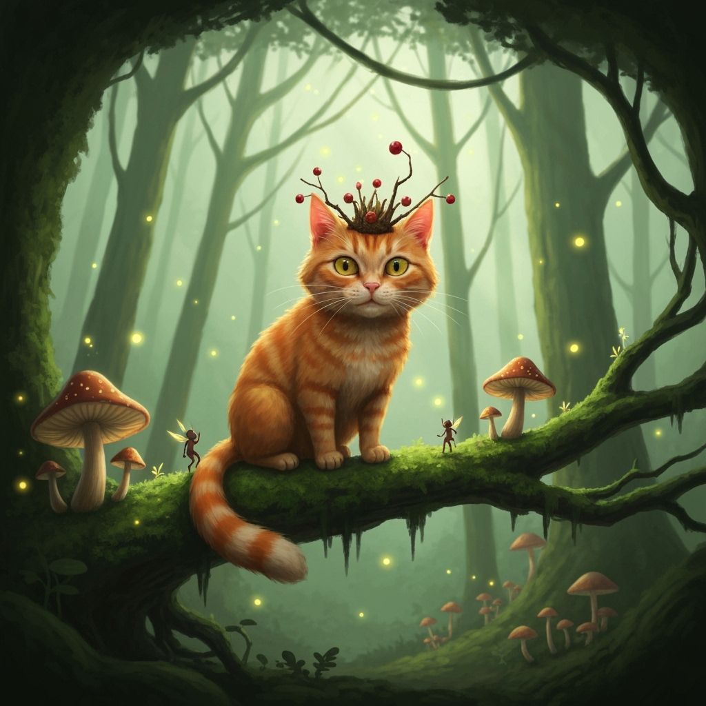 Ginger Cat Queen of Mushroom Fairies in Enchanted Forest