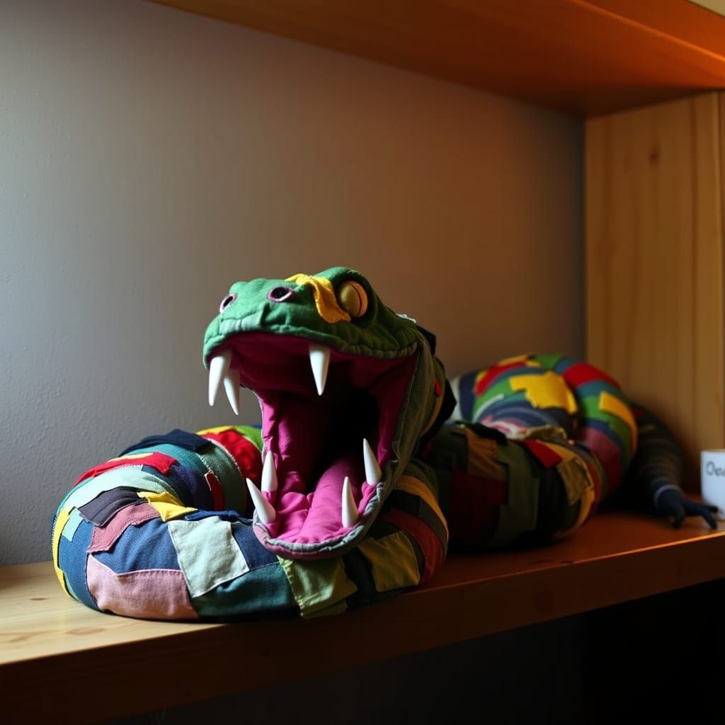 Vibrant Fabric Snake Uncoils in a Dimly Lit Room