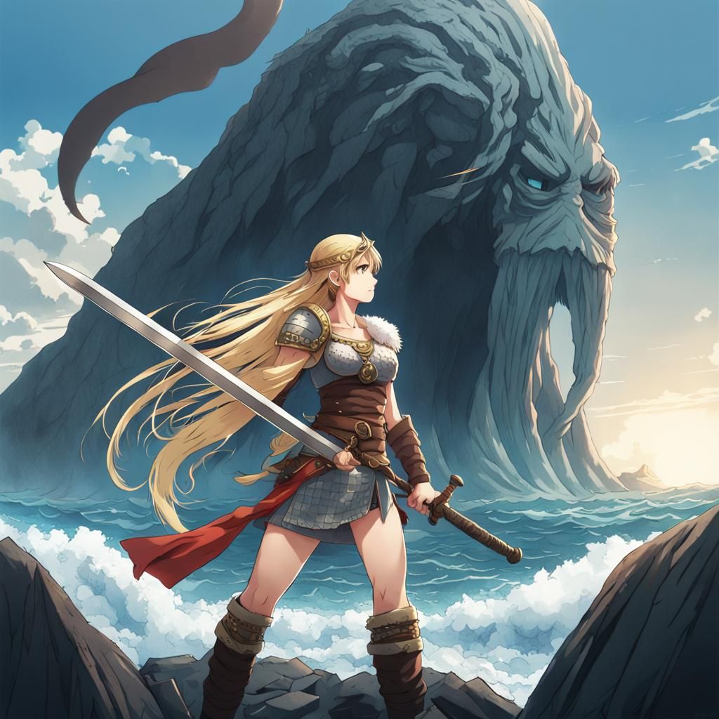 Viking Shield Maiden and Sea Giant in Anime Style