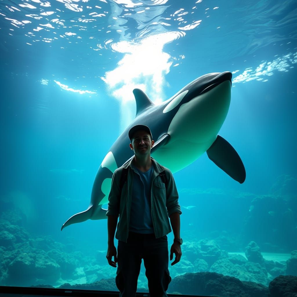 Orca Waves Fin in Hyperrealistic Aquarium Image