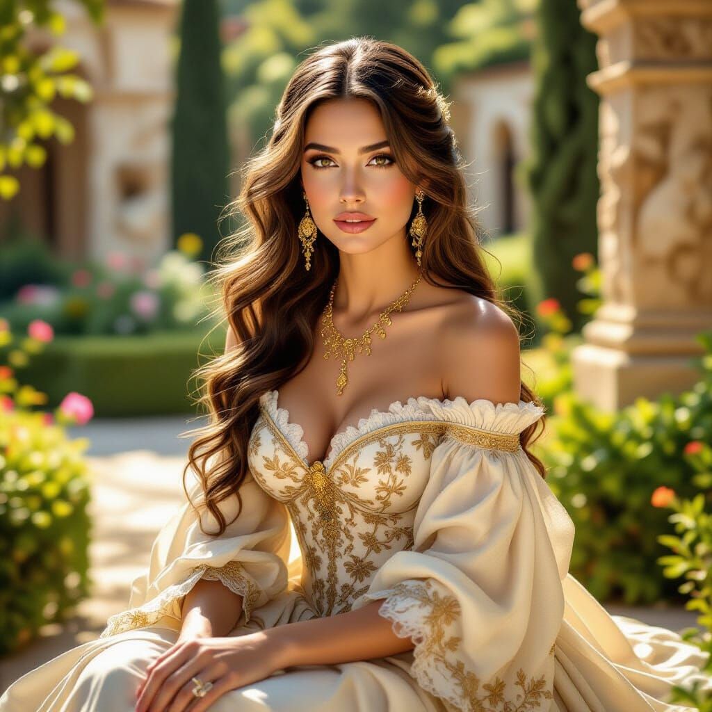 Renaissance Woman in Mediterranean Garden, Hyper-Realistic 8...