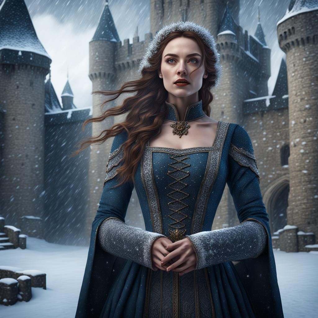 Medieval Woman in Snowstorm: Detailed Matte Painting
