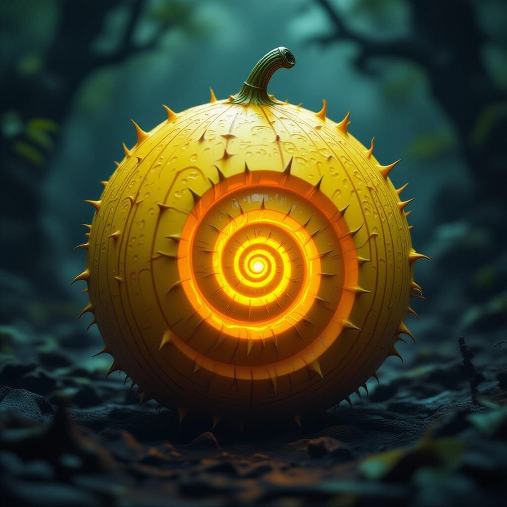 Glowing Devil Fruit with Spiral Markings in Dark Fantasy Sty...