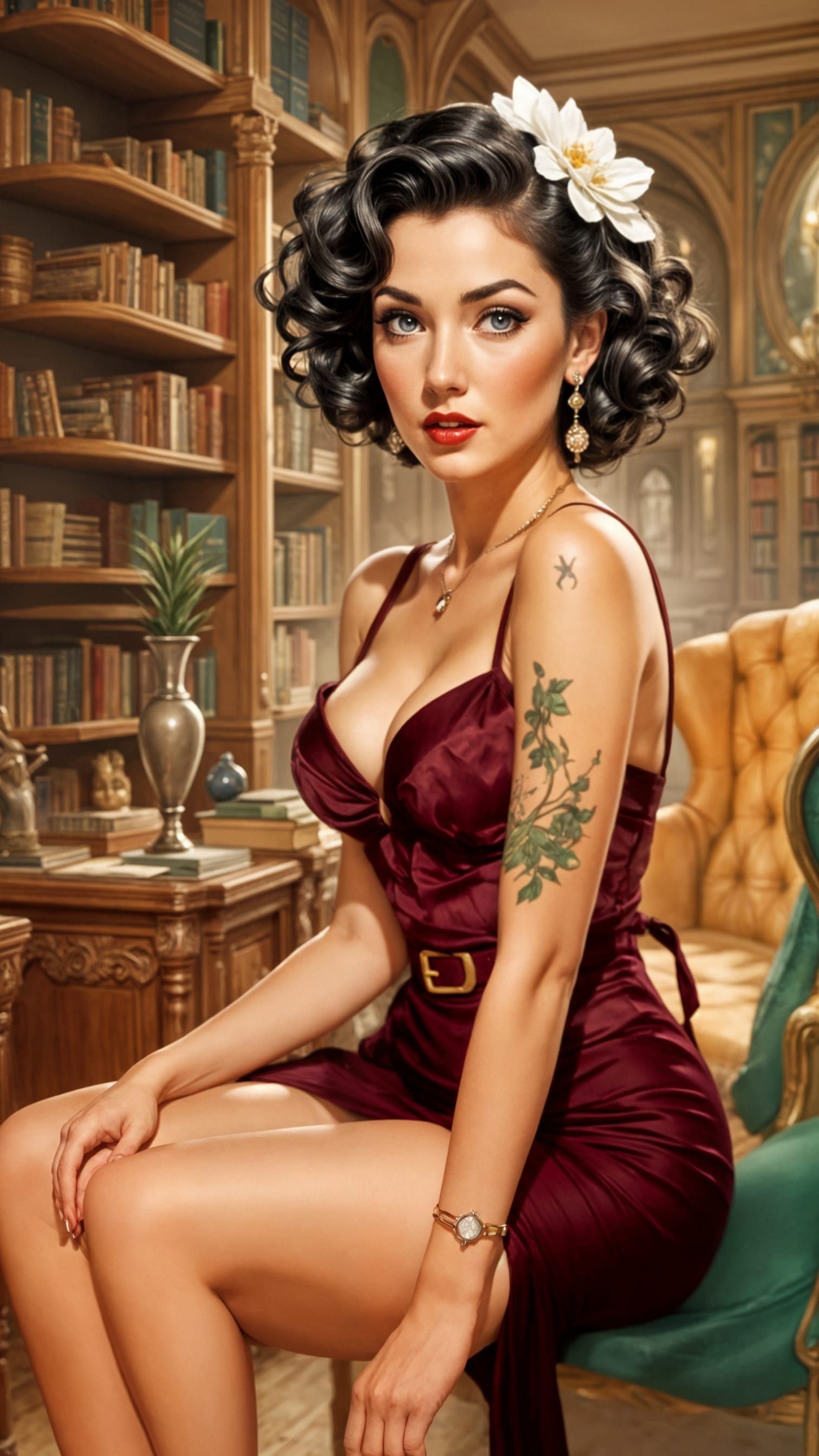 50's Pin-Up Librarian in Library, Vermeer & Art Nouveau Styl...