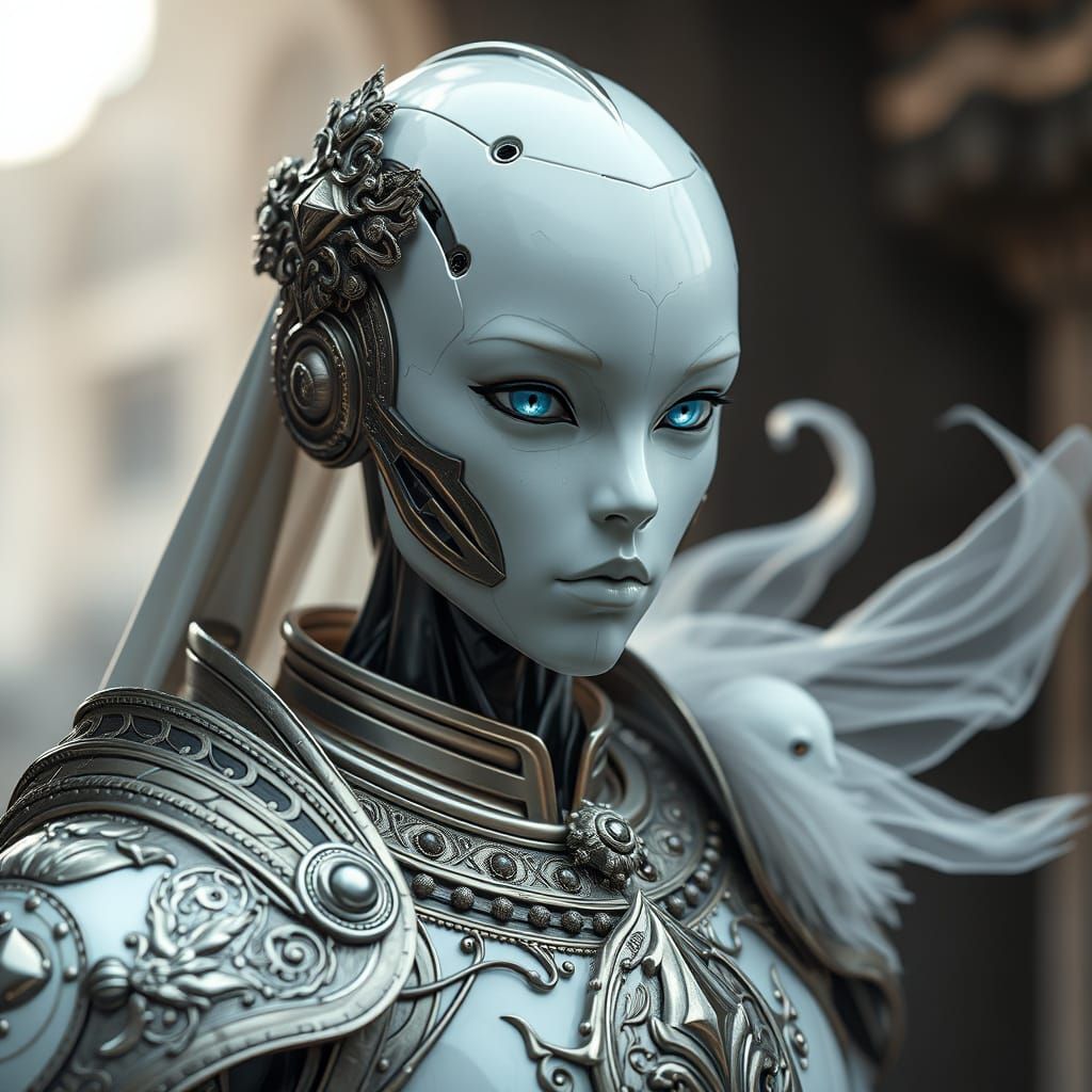 Cyberpunk Android Goddess in Ethereal Armor