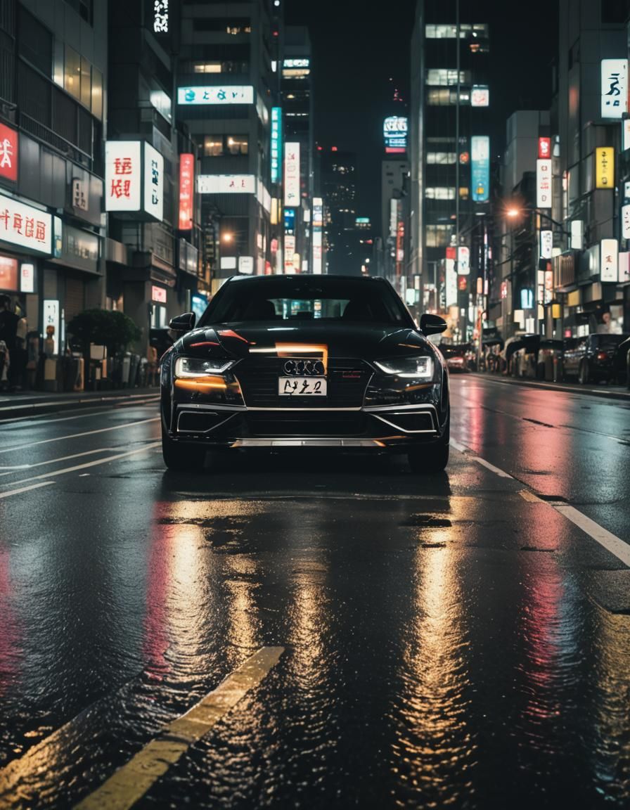Black Audi A3 in Tokyo at Night