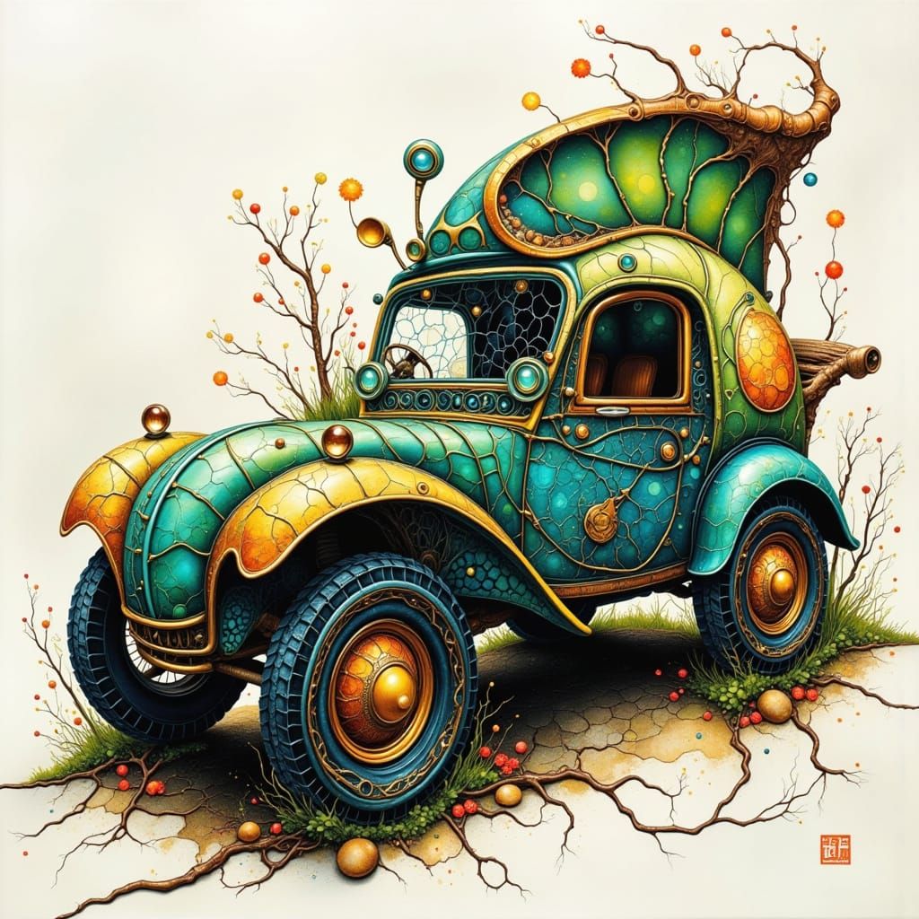 Whimsical Caterpillar Car in Alcohol Ink Style