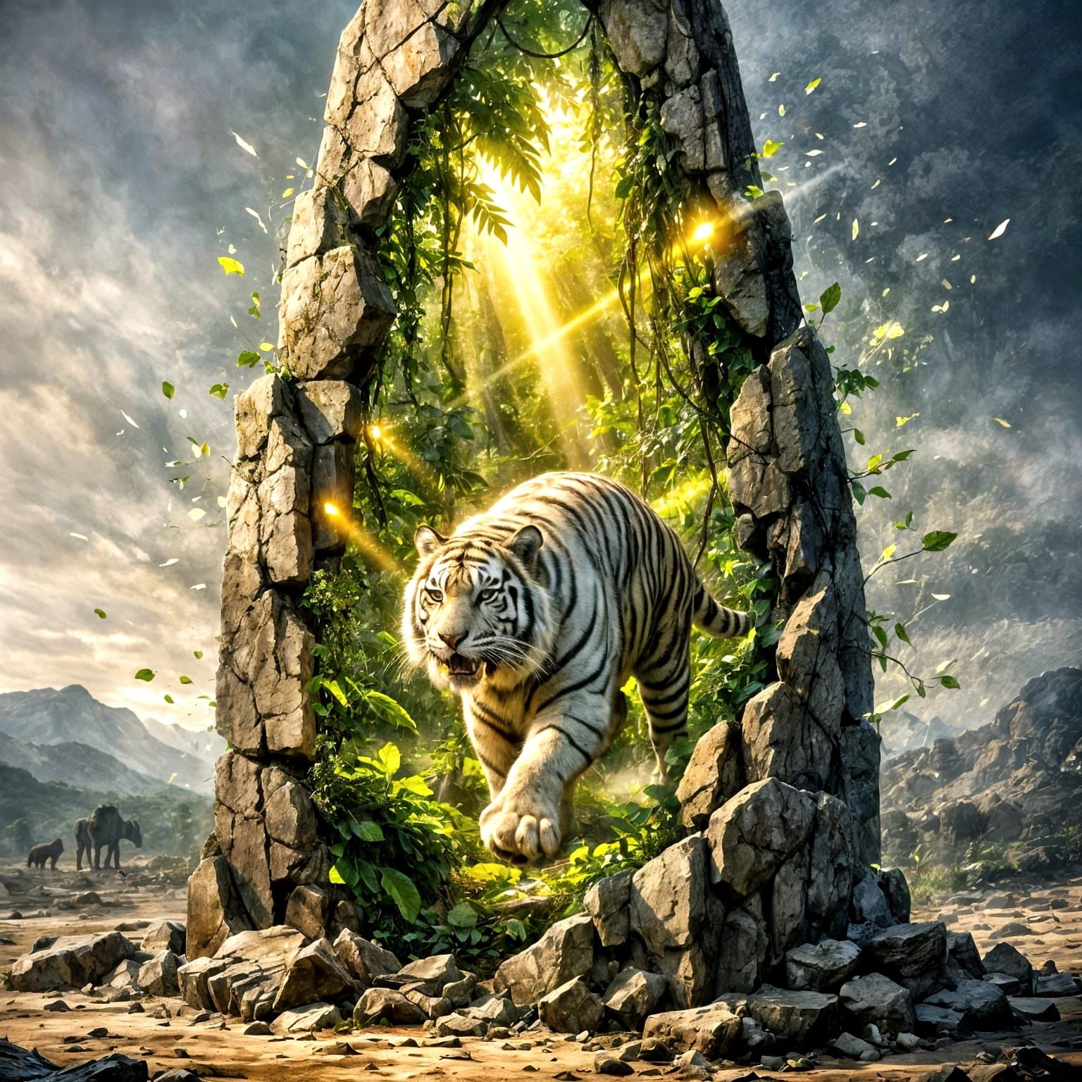 Ancient Obelisk Portal to Primeval Jungle with Saber-Toothed...