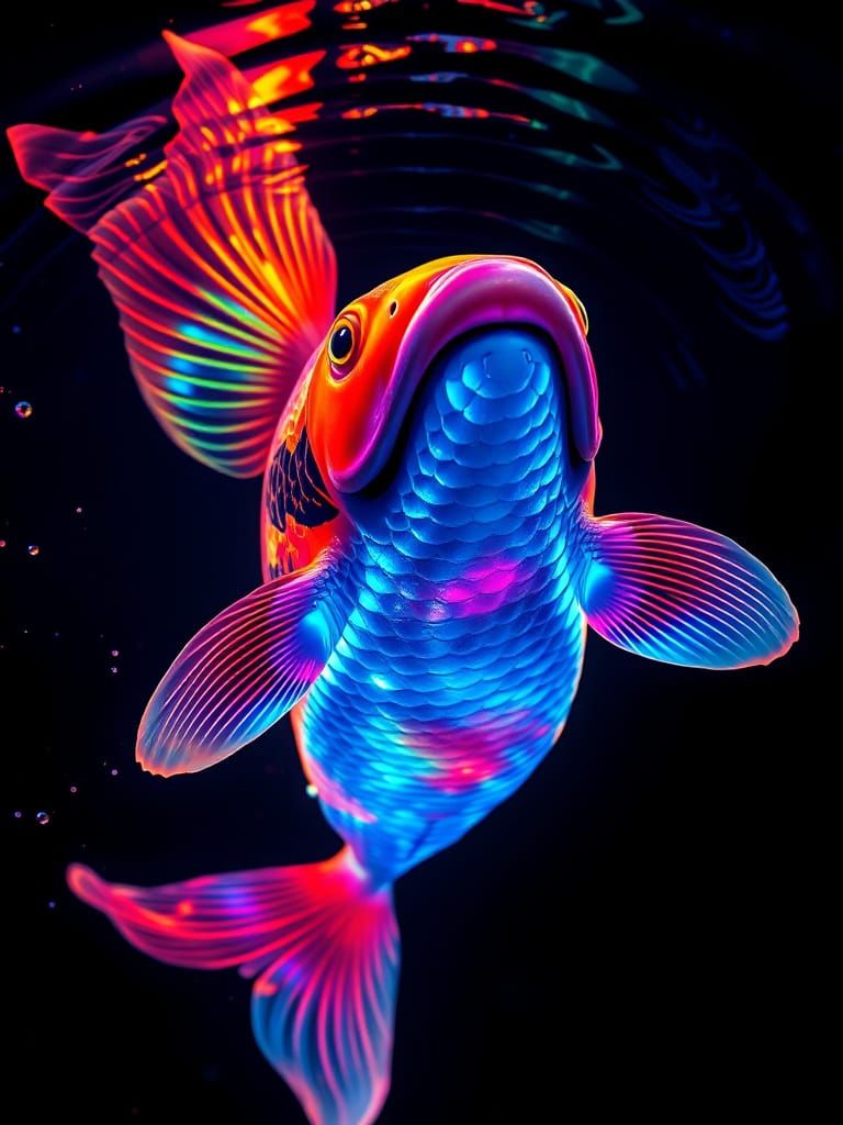 Colossal Koi Leaping From Bioluminescent Water