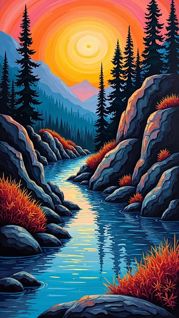 Pop Art River Gorge in Abstract Expressionist Style