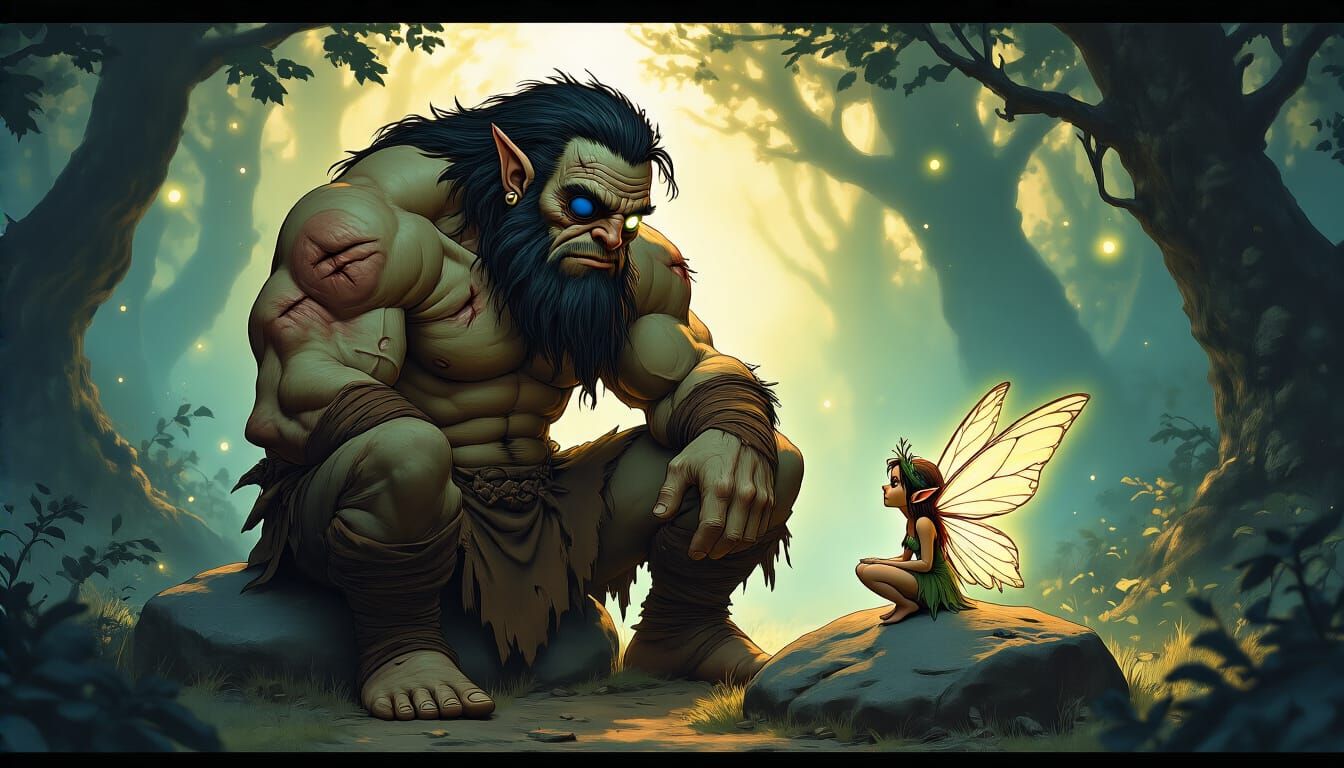 Cyclops and Fairy Chat in Ethereal Forest