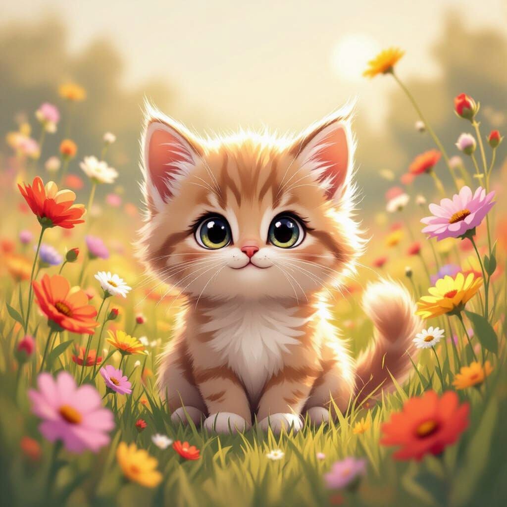 Cute Fluffy Kitten in Wildflower Field - Flat Design Style