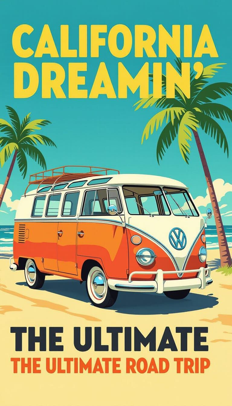 VW Bus on Sunny Beach: Vintage Travel Poster