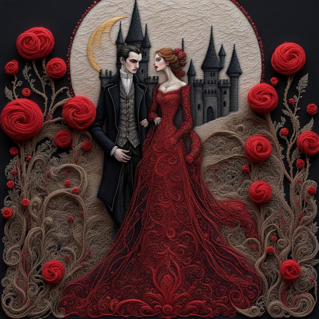Glittery Embroidery Art of a Vampire Couple