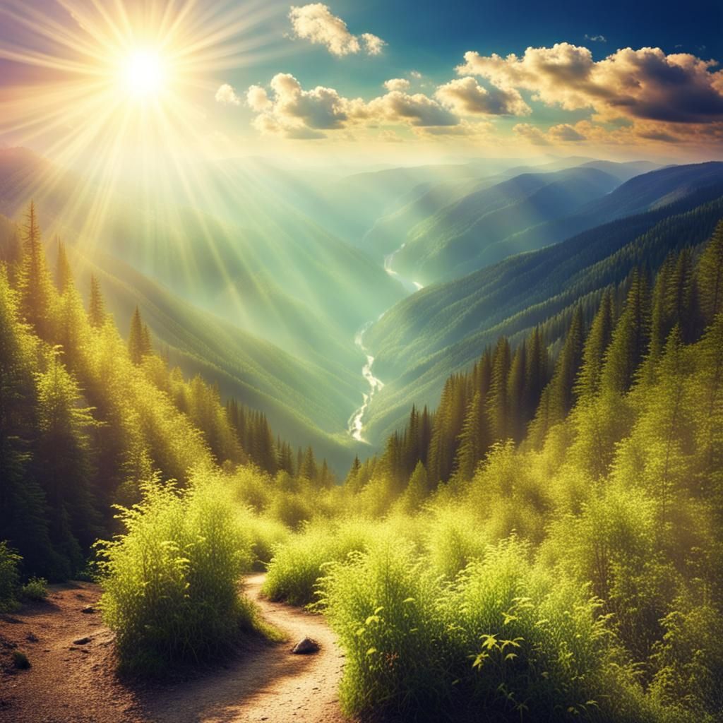 Heavenly Mountain Valley Bathed in Divine Light