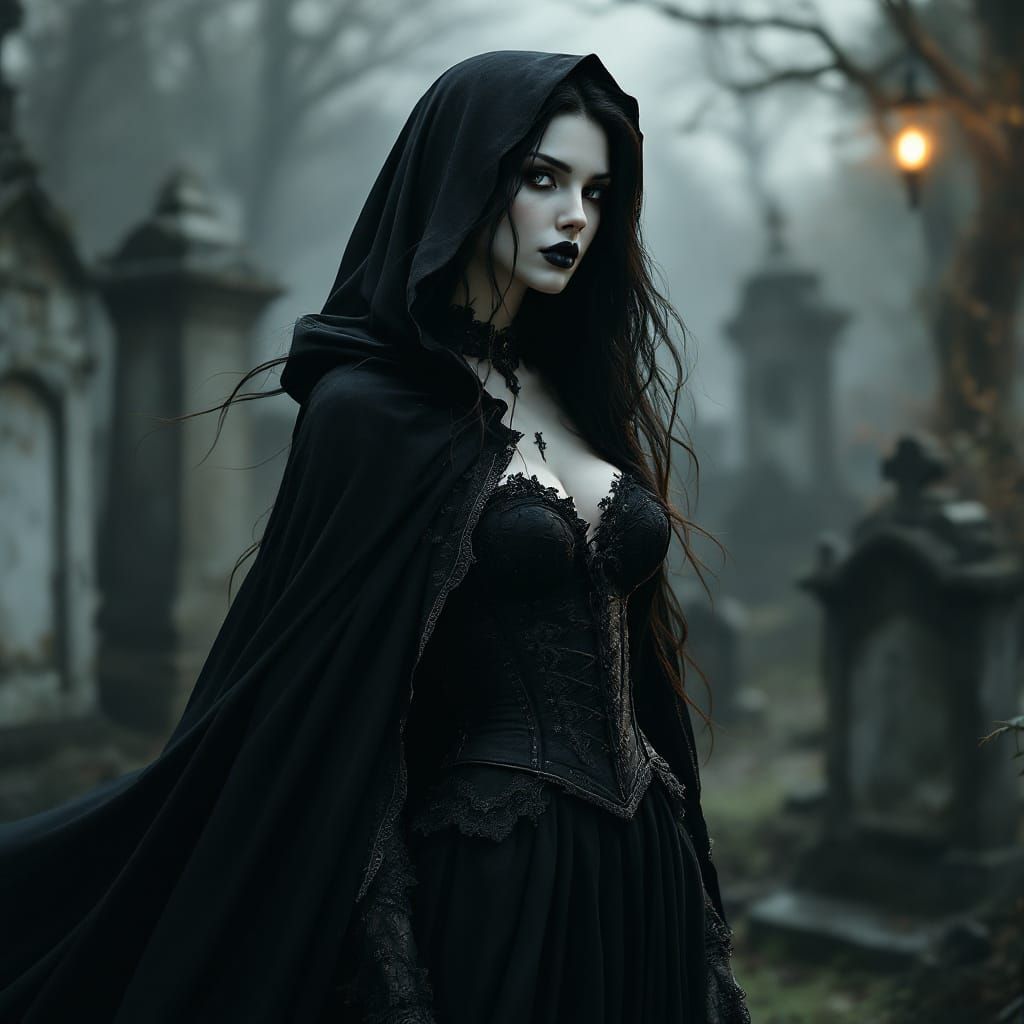 Ethereal Woman in Black Cape in Cemetery