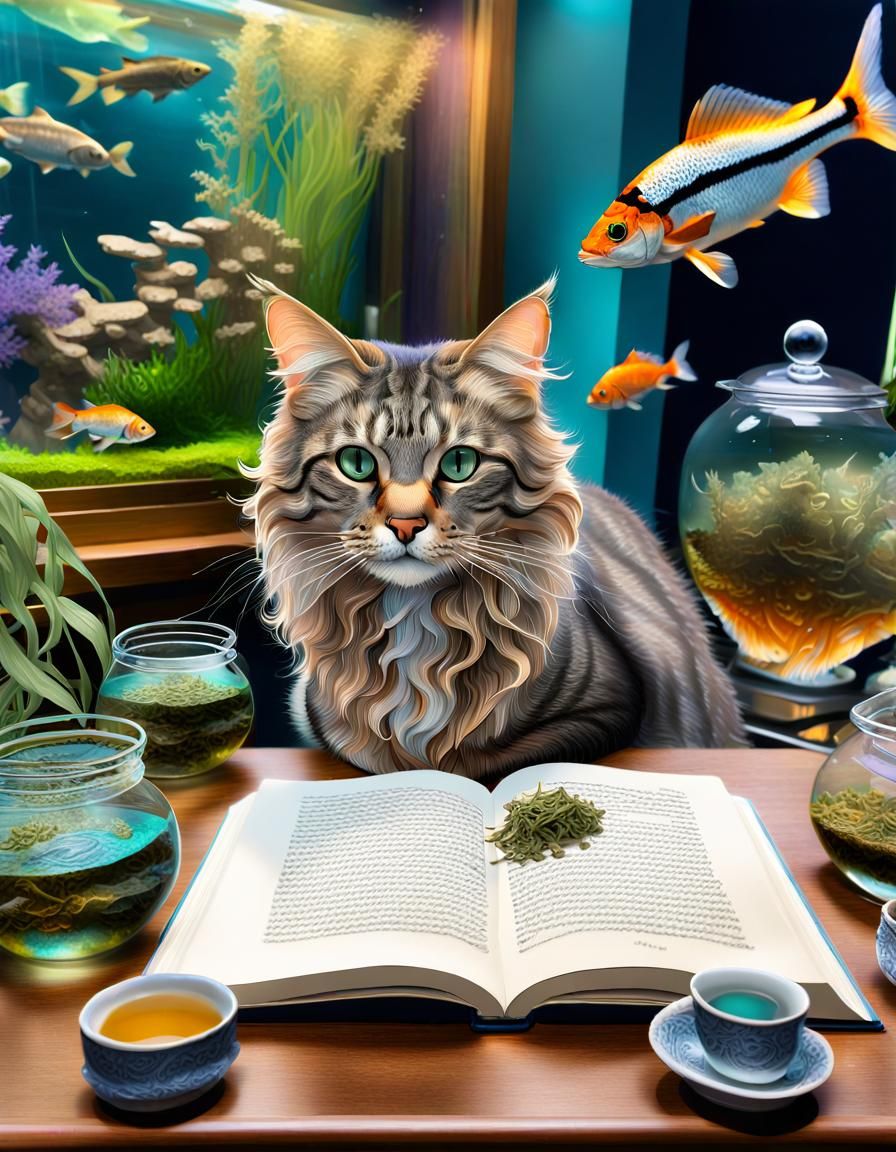 Tabby Cat Reads About Catnip by Aquarium