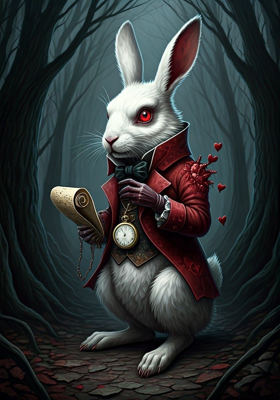 Sinister White Rabbit with Ominous Hearts Illustration