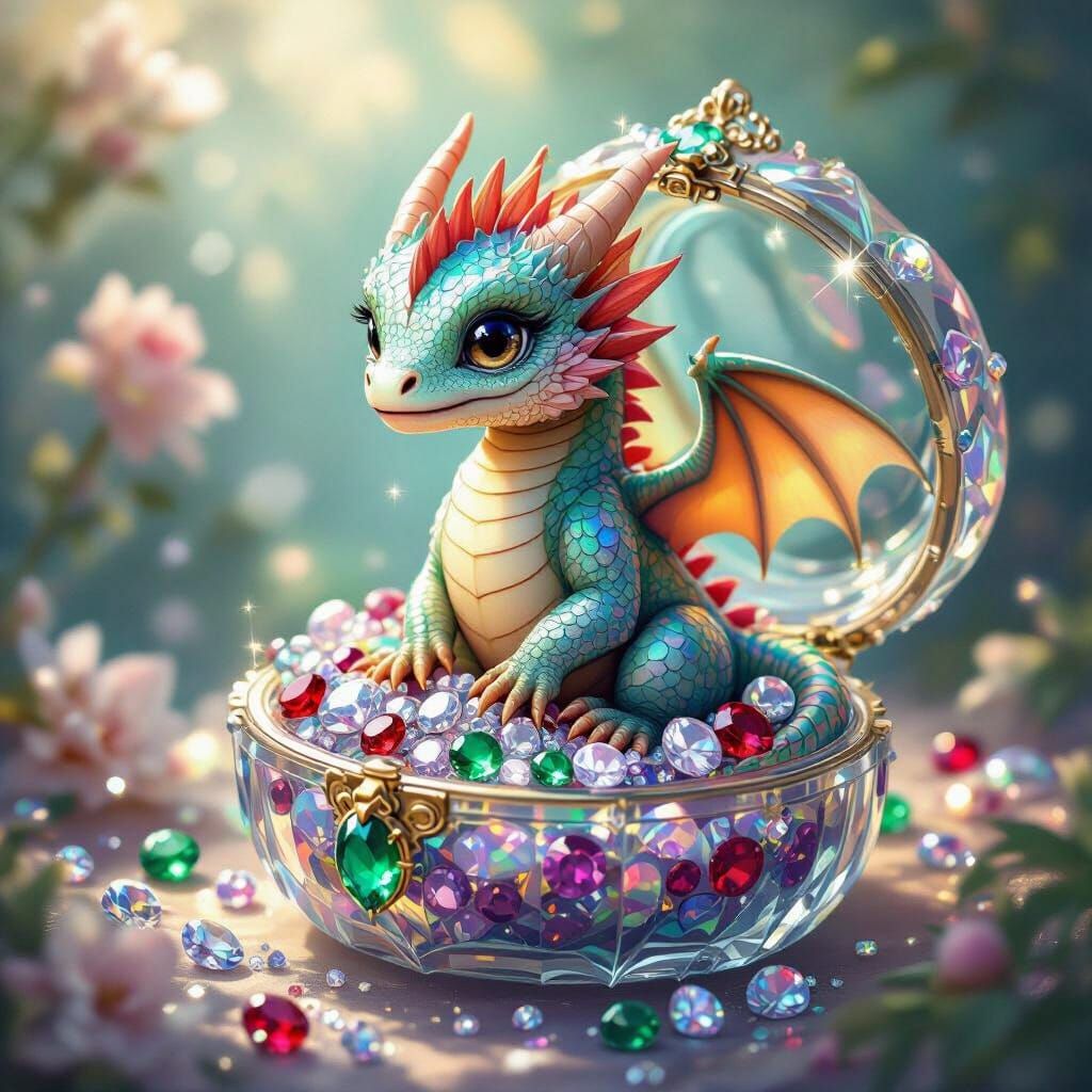Miniature Dragon in Jewelry Box with Gems