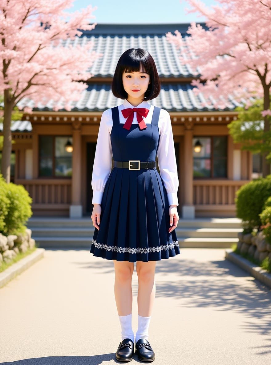 Kaori in Japanese Shrine Courtyard with Cherry Blossoms