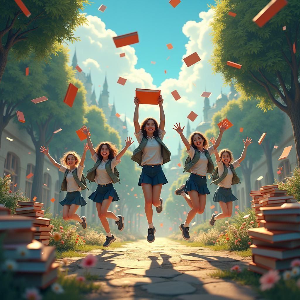 Teenage Students Dancing in Whimsical Academic Landscape