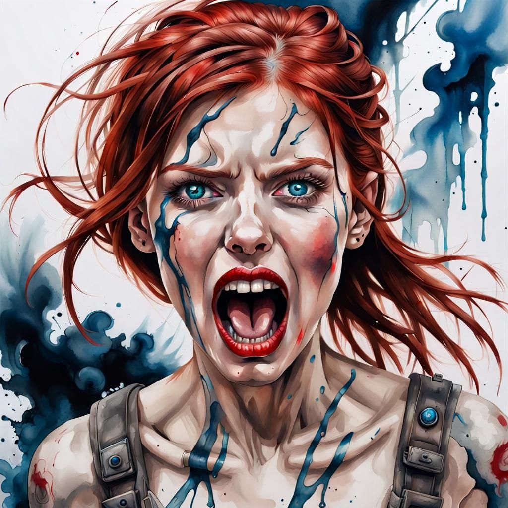 Screaming Woman Portrait in Post-Apocalyptic Ink Painting