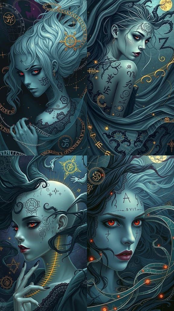 A 22-year-old gothic beauty female witch with porcelain skin, adorned in a flowing black gown with tattered lace, stands...