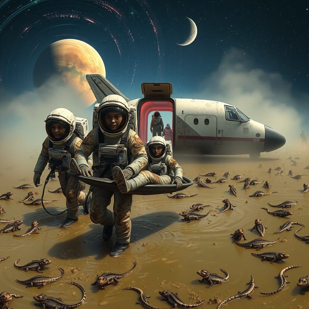 Astronaut Rescue Mission in Swamp Under Galactic Sky